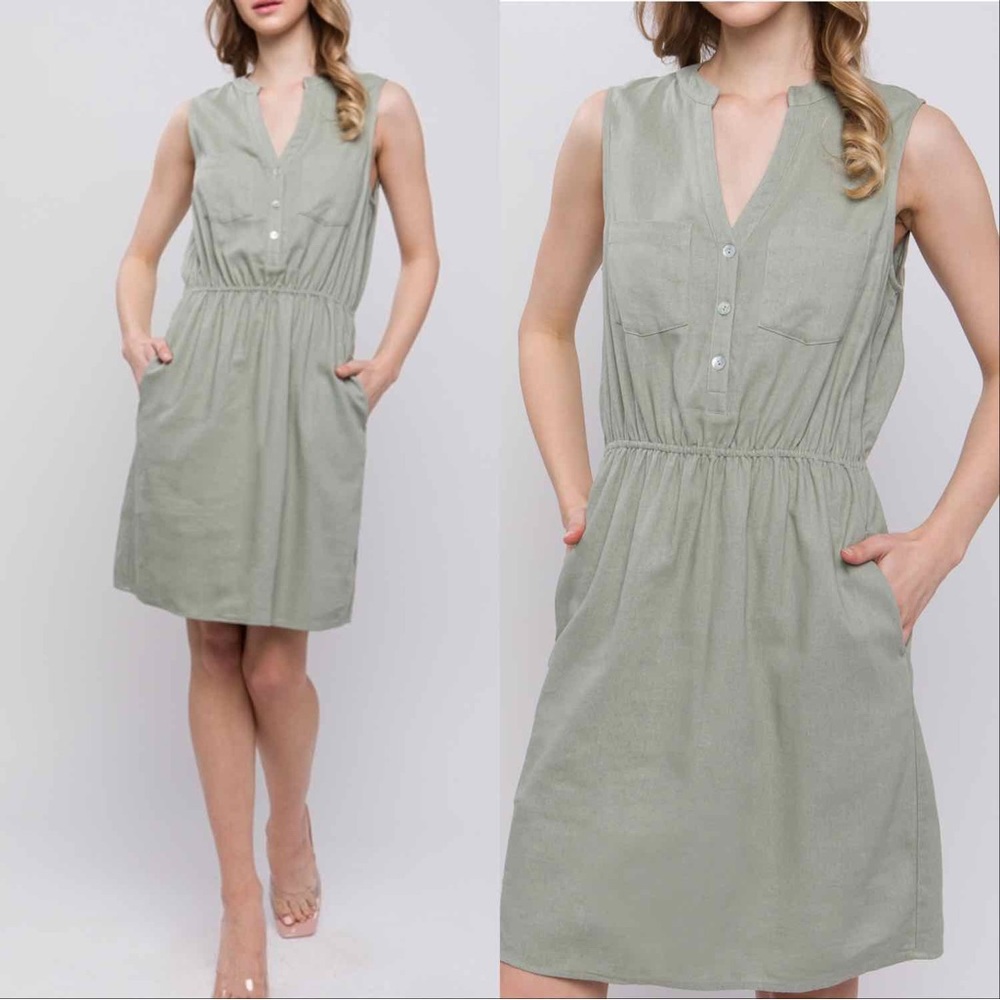 LINEN BLEND SLEEVELESS V NECK DRESS WITH POCKETS - SAGE - Picture 3 of 5